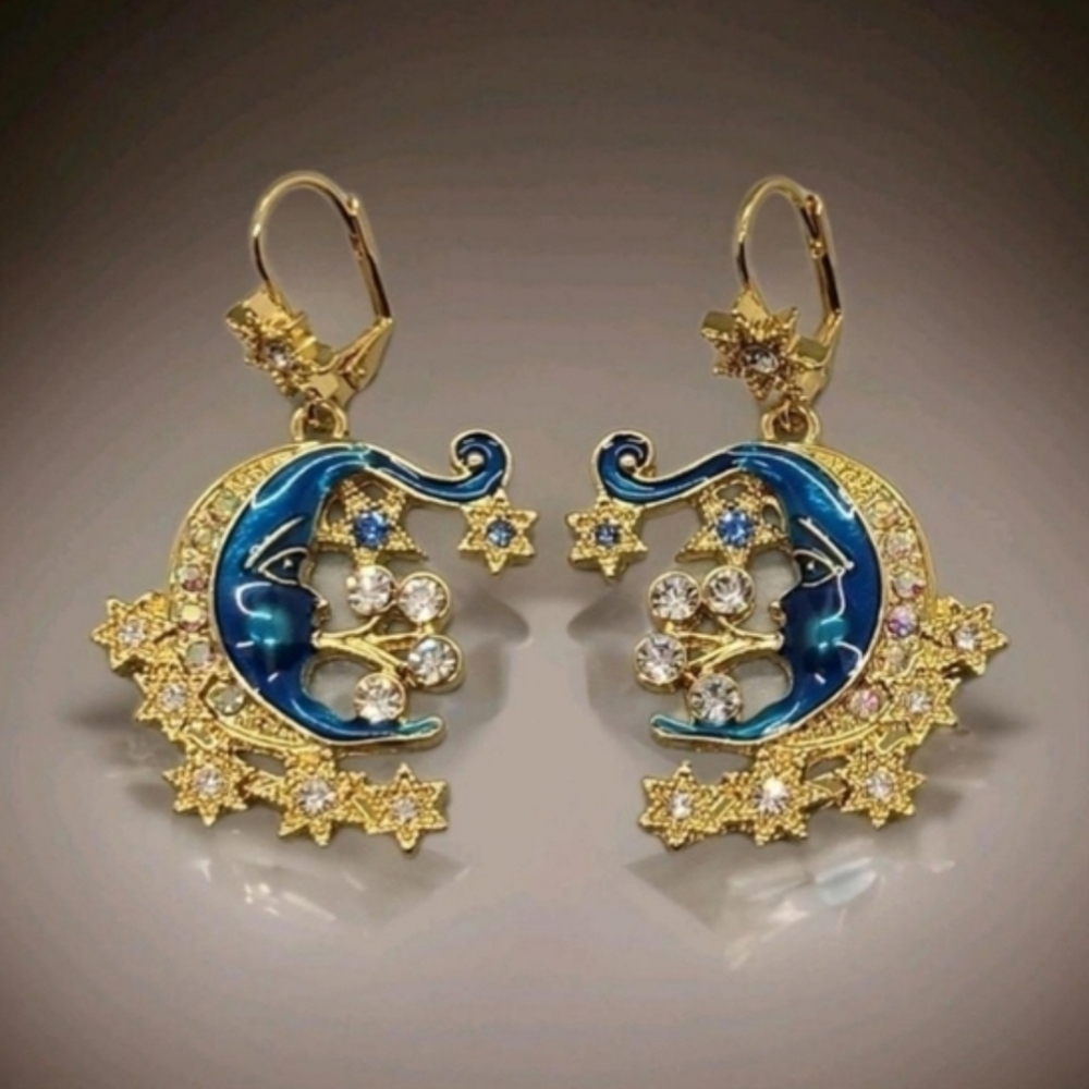 Vintage Estate Signed Crystal Blue Enamel Moon & Stars Gold Dangle Earrings